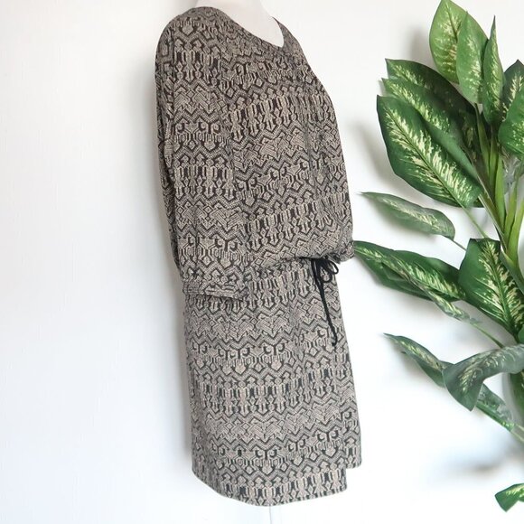 Maison Scotch Black & Cream Print Scoop Neck 3/4 Sleeve Drawstring Mini Dress 8 - Picture 5 of 13